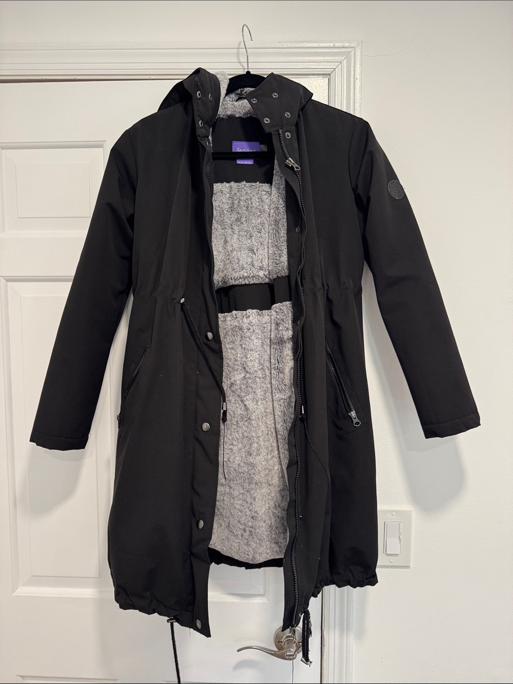 Seraphine Black Coat with Soft Gray Lining and newborn attachment